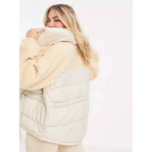 QED London Teddy Puffer Jacket Size 12 Beige Tie Waist Outdoor Warm - Picture 3 of 11